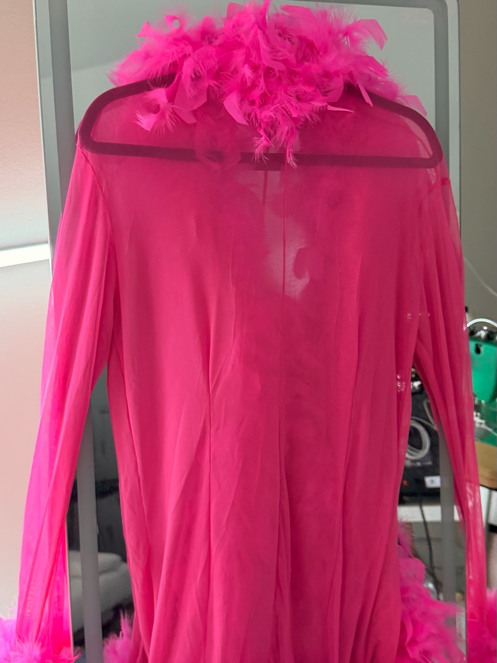 Hot Pink Feather Trim Sheer Robe with Satin Tie - Picture 11 of 12